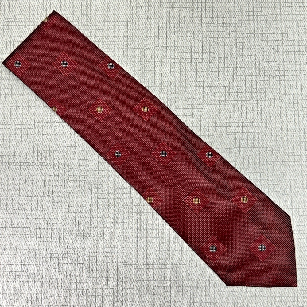 Donna Karan Tie Men OS Burgundy Red Geometric Silk Designer Classic Professional